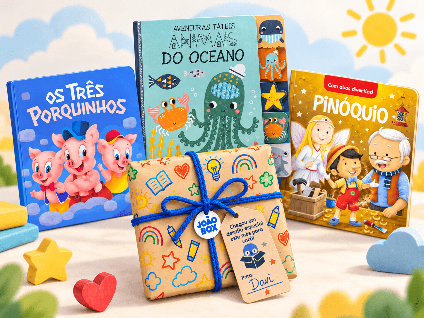 Kit da João Box Leitura: a box embrulhada em papel kraft com laço azul, na frente de livros infantis