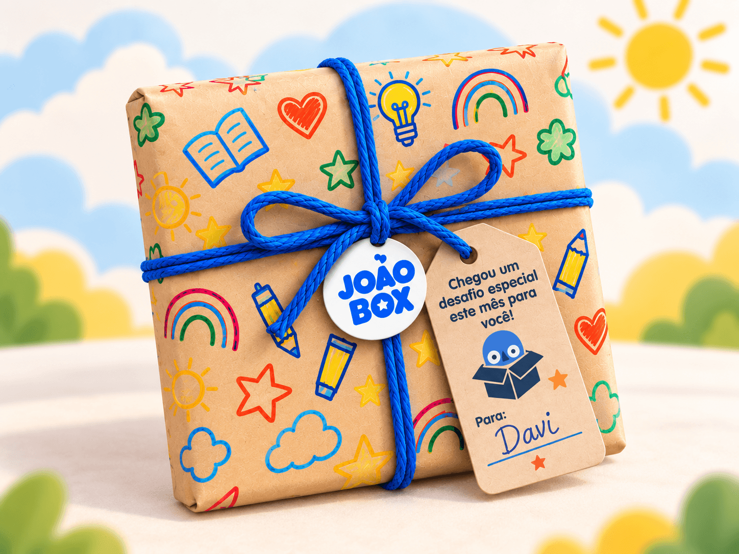 Caixa da João Box Leitura embrulhada em papel kraft com laço azul e etiqueta "Chegou um desafio especial este mês para você!".